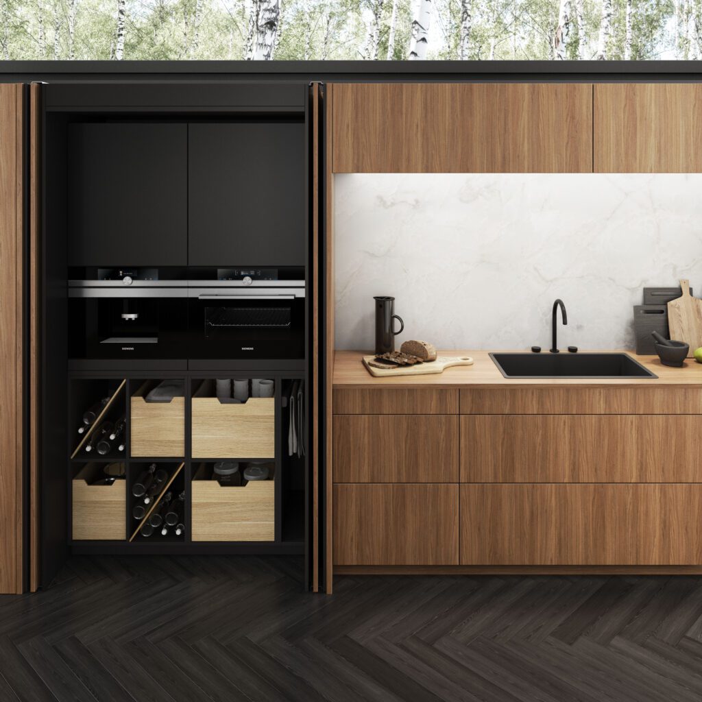 modern kitchen with oak cabinets